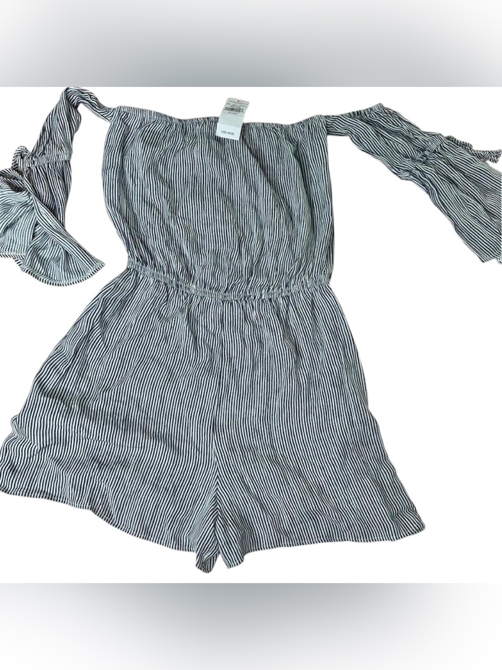 American Eagle Outfitters Navy and White Striped Off-Shoulder Romper